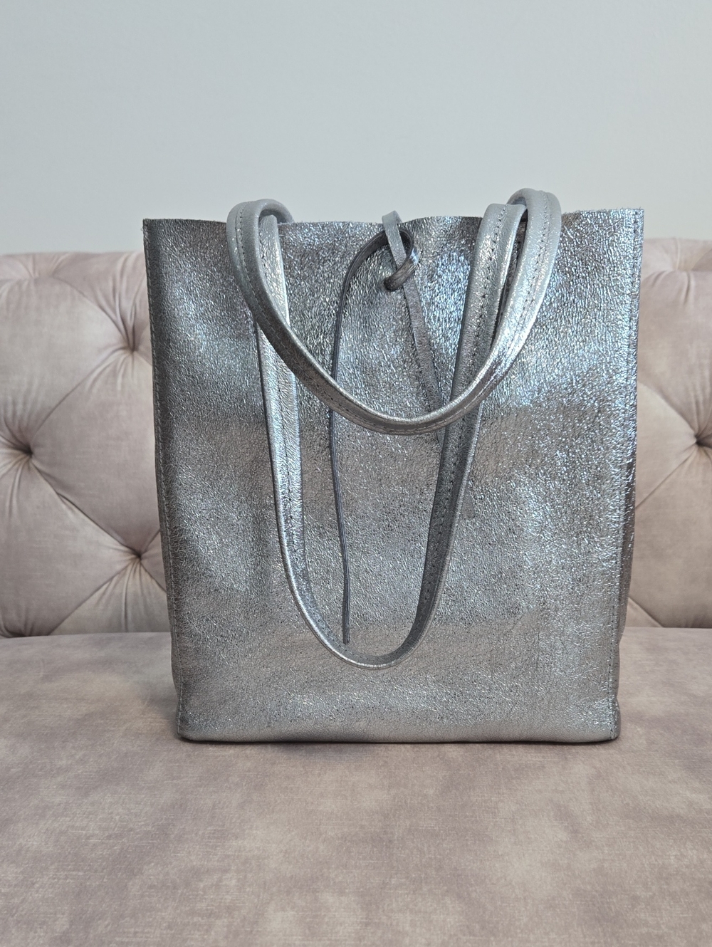 Metallic Silver Tote Bag, Vera Pelle, Made In Italy
